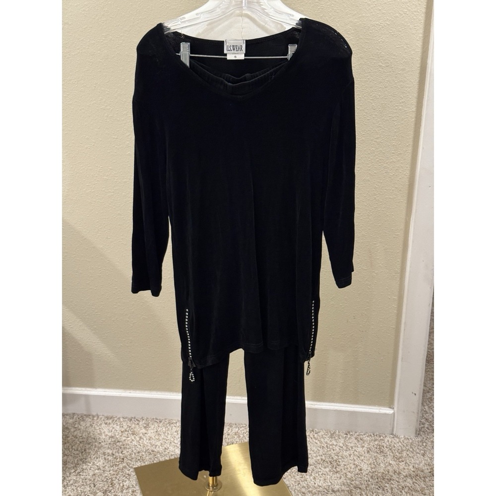 Vintage US WEAR 2 Piece Slinky Black Pants Outfit Rhinestone Zip Top Size S - Picture 2 of 11